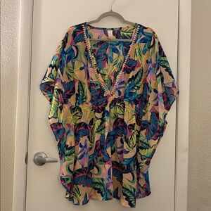 NO BOUNDARIES bright Colorful Leaf Print Beach Cover up SZ L